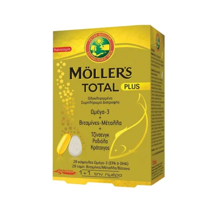 MOLLER'S TOTAL Plus Συμπλήρωμα Διατροφής με Ωμέγα 3, Βιταμίνες, Μέταλλα & 3 Βότανα Για Ολοκληρωμένη Τόνωση (28+28caps)