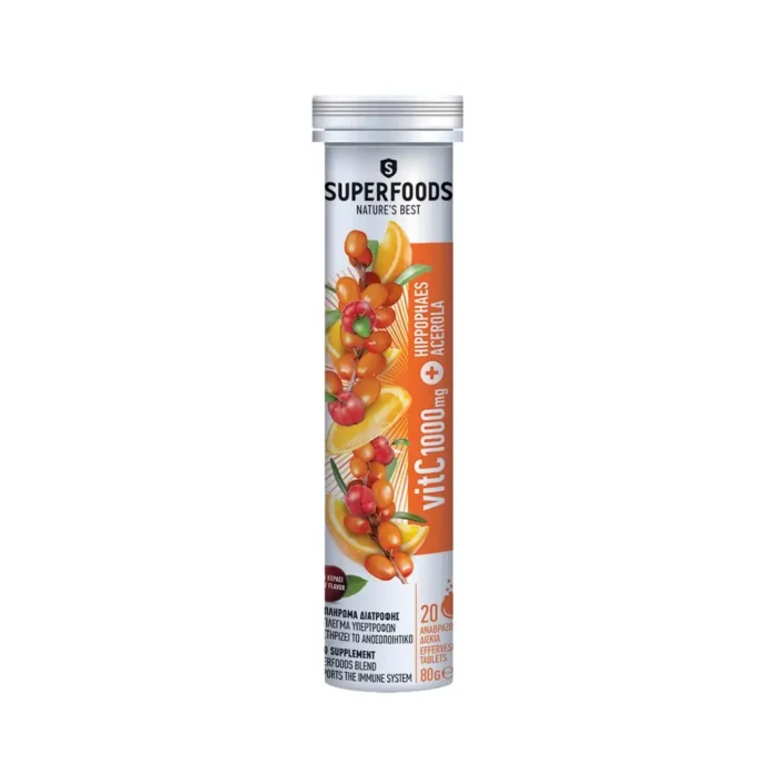 superfoods vitaminc + ιπποφαες + acerola 20 αναβράζοντα δισκια