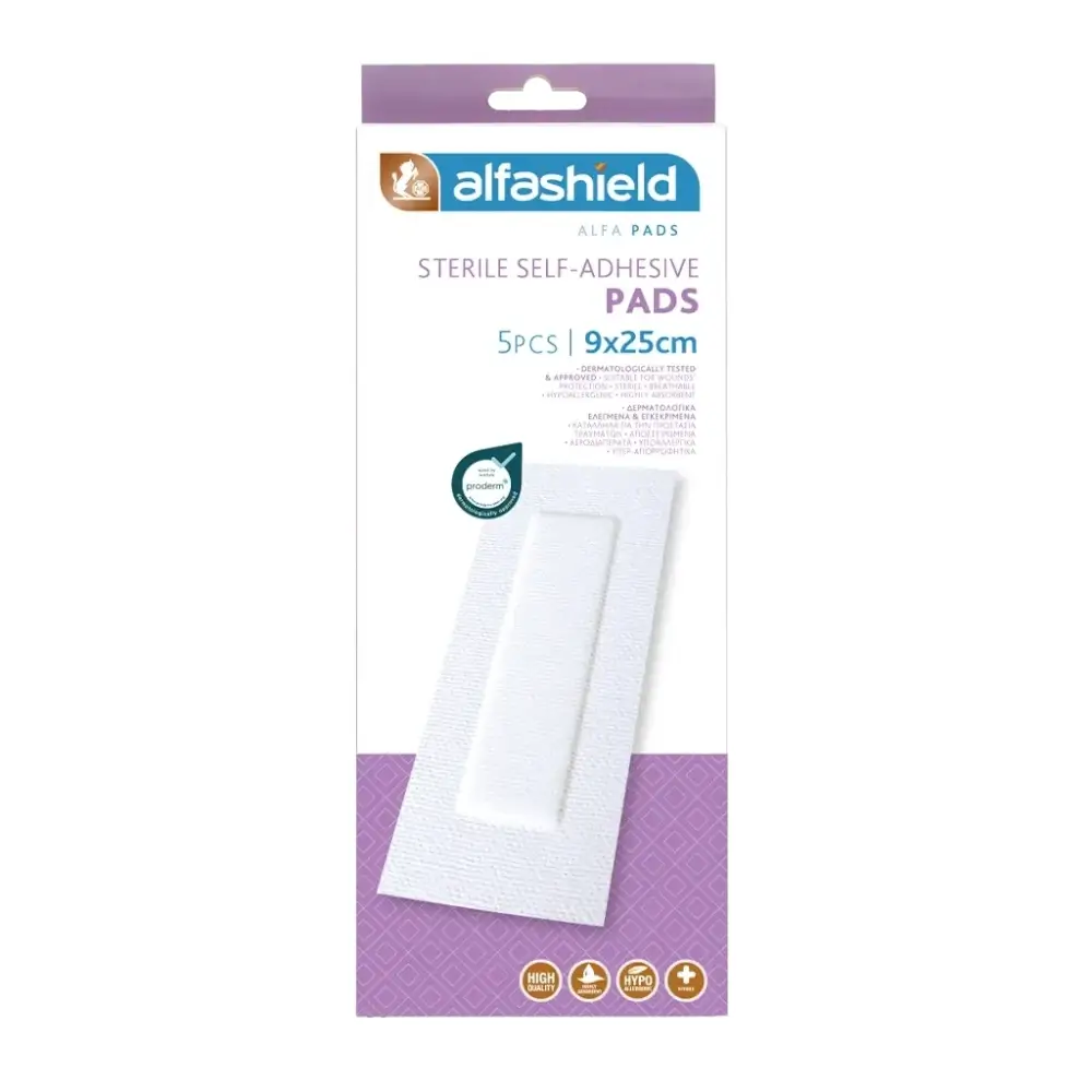 Alfashield_aposteiromeno_aytokollito_epithema_9x25cm_5TEM (1) ALFASHIELD Αποστειρωμένα Αυτοκόλλητα Επιθέματα 9cm x 25cm (5 τεμάχια) - Image 1