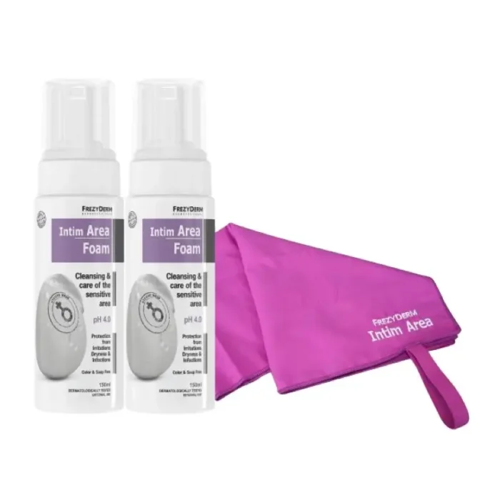 FREZYDERM Intim Area Foam ph4.0 ΔΙΠΛΟ ΠΑΚΕΤΟ PROMO (150ml+150ml) + ΔΩΡΟ ΠΕΤΣΕΤΑ ΓΥΜΝΑΣΤΗΡΙΟΥ - Image 1
