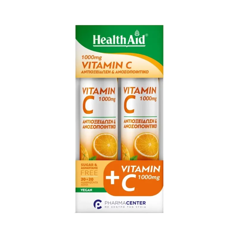 HEALTH AID Vitamin C 1000mg Γεύση Πορτοκάλι (2x20 αναβράζοντα δισκία) 1+1 ΔΩΡΟ