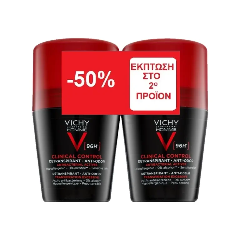 VICHY Homme Deo CLINICAL CONTROL 96h Αποσμητικό Roll-On για Άνδρες (2x50ml) 1+1 PROMO