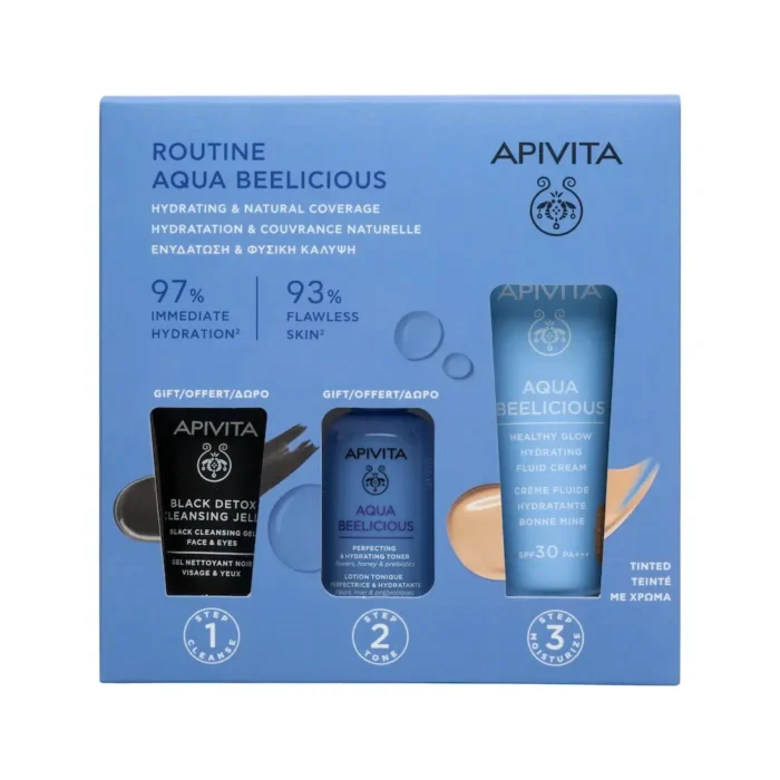 APIVITA Aqua Beelicious Tinted Cream με Χρώμα (40ml) + Black Detox Cleansing Gel (15ml) + Hydrating Toner Lotion (50ml) - Image 1