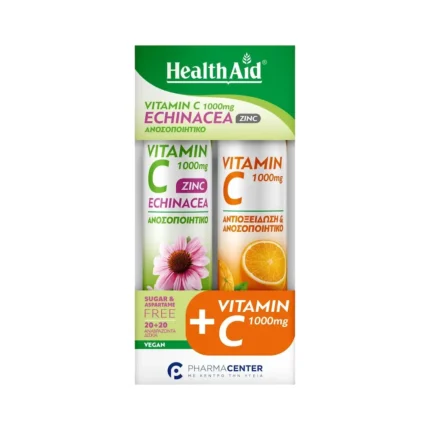 HEALTH AID Vitamin C 1000mg, Echinacea, Zinc με γεύση Λεμόνι (20 αναβρ. δισκία) + Vitamin C 1000mg γεύση Πορτοκάλι (20 αναβρ. δισκία)