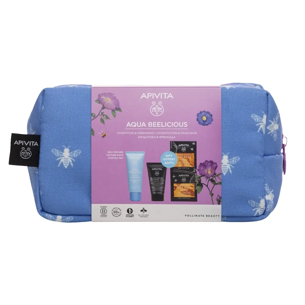 APIVITA-AQUA-BEELICIOUS-RICH+BLACK-GEL+HONEY-MASK-NESESER APIVITA Aqua Beelicious Ενυδατική Κρέμα Πλούσιας Υφής (40ml) + Μαύρο Gel Καθαρισμού (50ml) + Μάσκα Express Honey (2x8ml) ΣΕ ΝΕΣΕΣΕΡ - Image 1