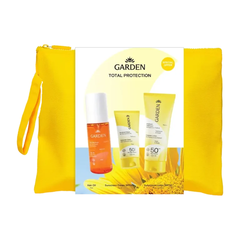 GARDEN Total Protection Bag με Αντηλιακό Λάδι Μαλλιών (100ml) + Αντηλιακή Κρέμα Προσώπου SPF50 (25ml) + Αντηλιακό Γαλάκτωμα για Πρόσωπο & Σώμα SPF50 (75ml)