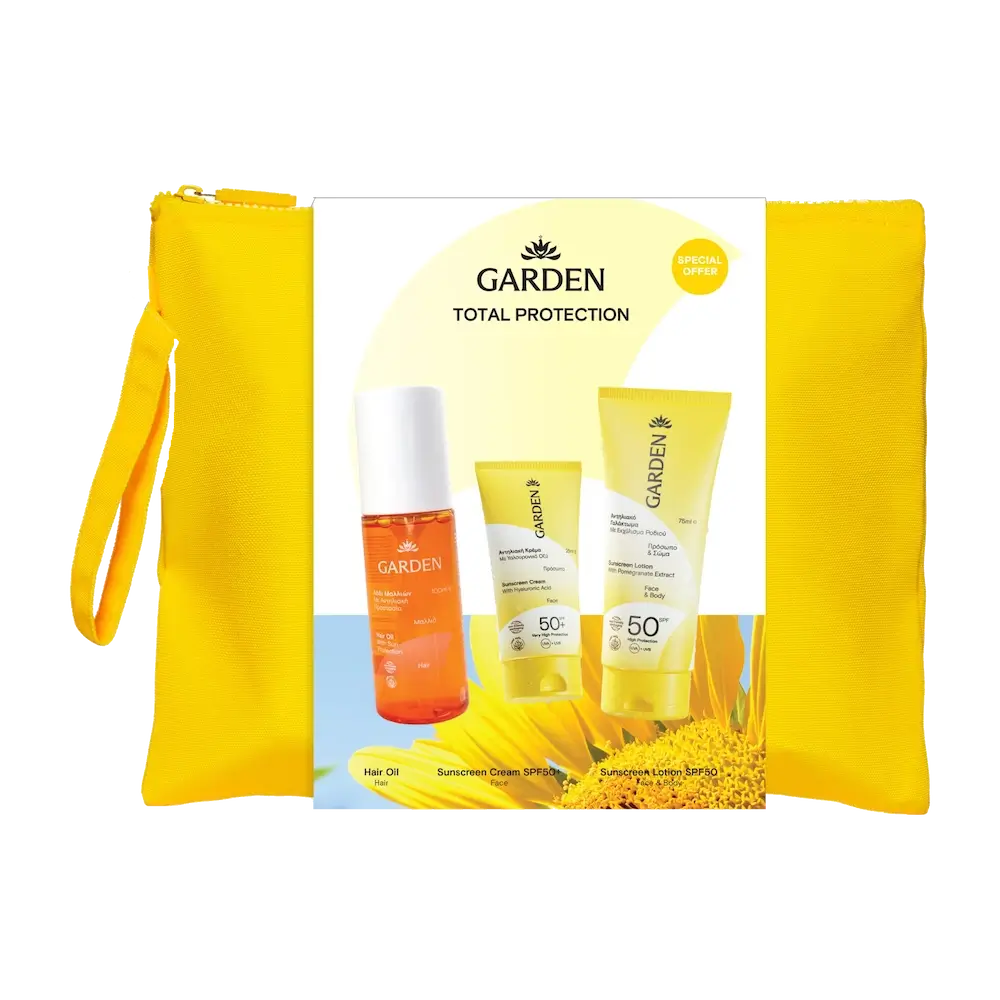 GARDEN Total Protection Bag με Αντηλιακό Λάδι Μαλλιών (100ml) + Αντηλιακή Κρέμα Προσώπου SPF50 (25ml) + Αντηλιακό Γαλάκτωμα για Πρόσωπο & Σώμα SPF50 (75ml)